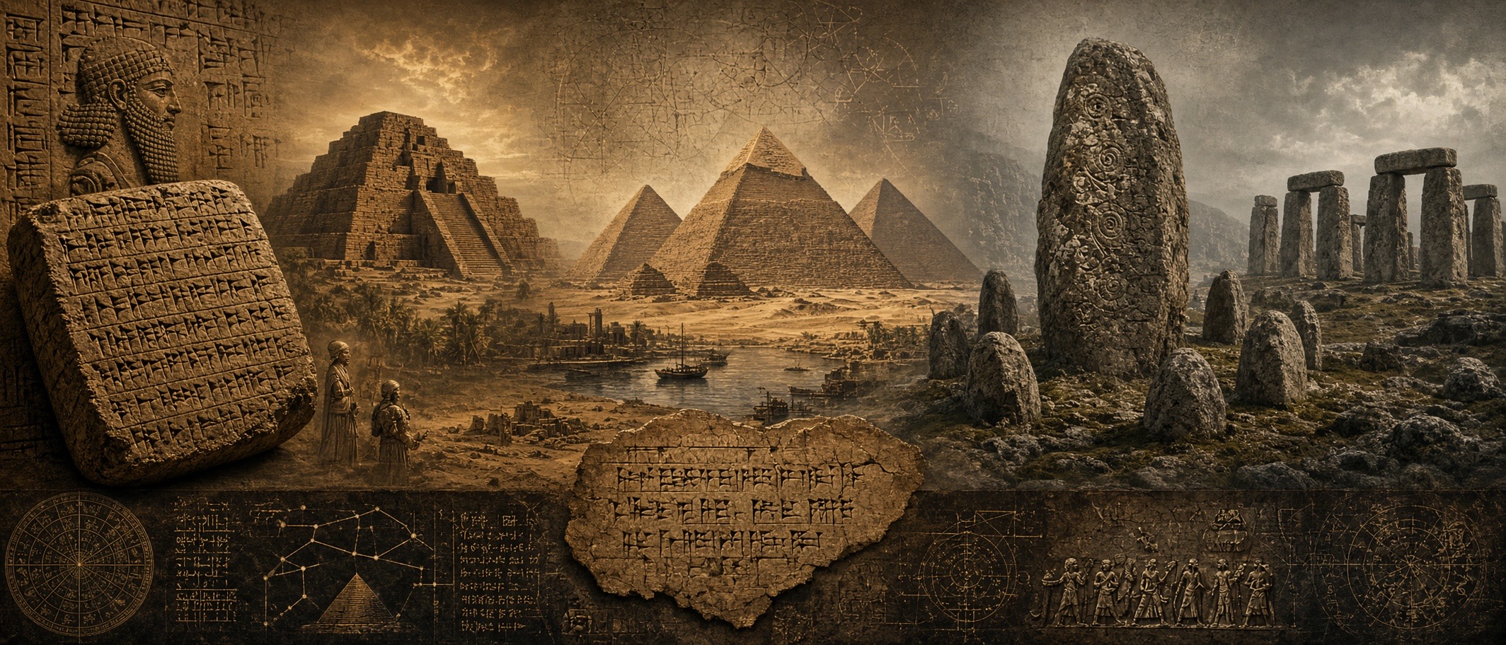 Sepia collage of clay tablets, pyramids, megaliths and ancient sky charts